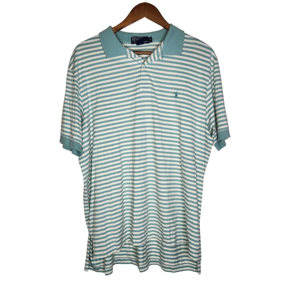 Polo Ralph Lauren Mens XL Blue/Green Striped 100% Pima Cotton SS Polo Shirt Pony